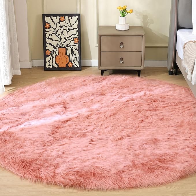 ORINOVA Pink Washable Shag Round Rugs 6.6ft Soft Plush Faux Sheepskin Fuzzy Fur Rugs for Bedroom Large Circle Fluffy Nursery Rug