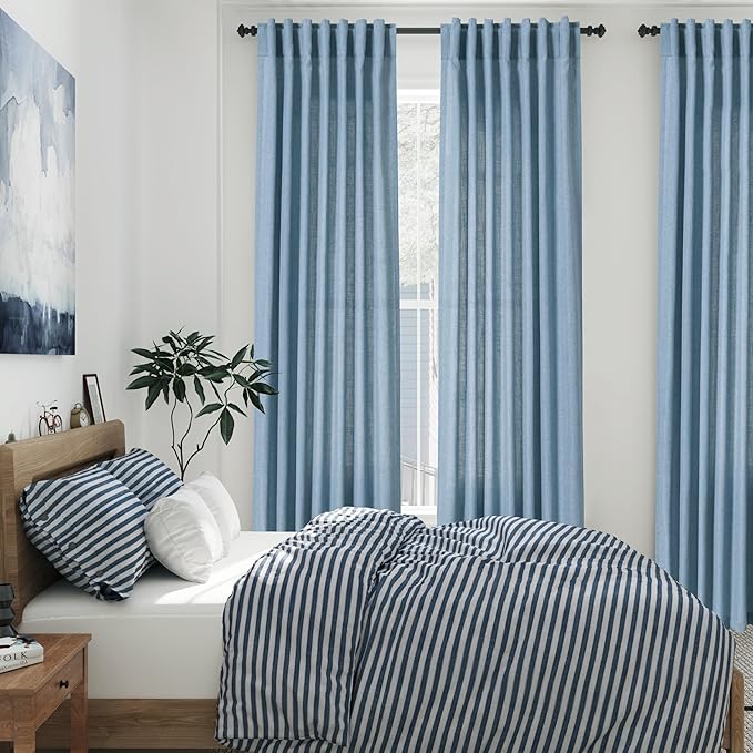 Nanspring Blue Extra Long Curtain 102 inches Long 2 Panels Set for Living Room Back Tab Modern Farmhouse Coastal Decor Cotton Textured Dusty Blue Sheer Linen Curtains for High Window 52x102