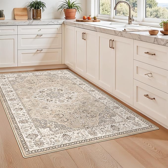 Living Room 4x6 Area Rugs: Vintage Farmhouse Washable Non-Slip Rug for Bedroom Dining Room Ultra Thin Soft Carpet for Nursery Kitchen Durable Low-Pile Neutral Floor Mat for Pet Owners(4x6 Beige)