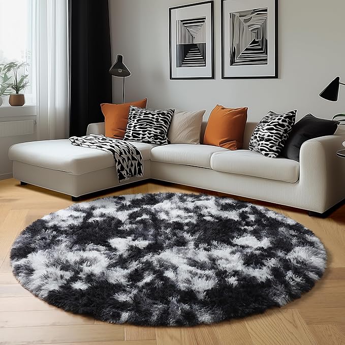 Amdrebio Black White Grey Circle Rug 6Ft Round Area Rugs for Living Room Bedroom, Fluffy Fuzzy Shaggy Furry Rugs for Home Office Kids Room Dorm, Plush Modern Cool Floor Shag Carpet for Men Teen Boys