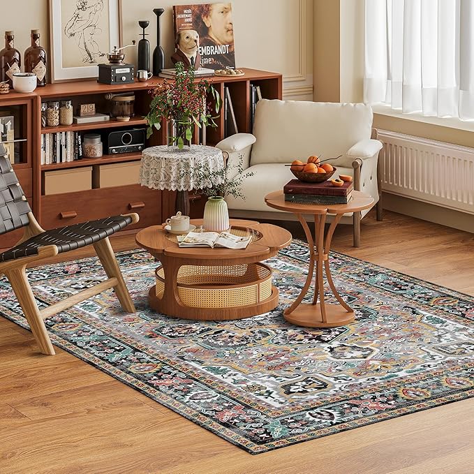 Washable Area Rug 4' x 6' Vintage Traditional Persian Mat - Foldable Distressed Non-Slip Machine Washable Carpet for Living Room Bedroom Kitchen Home Decor - Slate and Multicolor