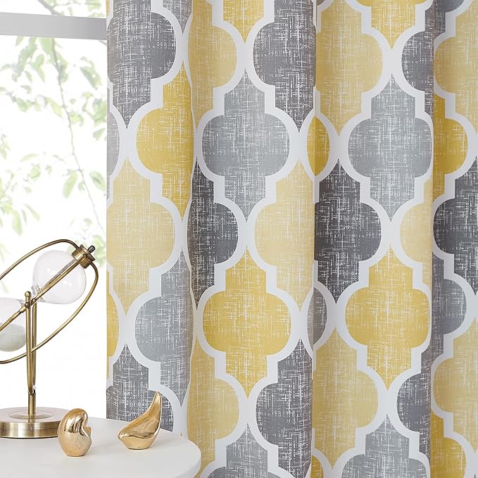 Beauoop 100% Blackout Curtains 63 Inches Long 2 Panels for Bedroom Living Room Yellow Grey Moroccan Geo Room Darkening Thermal Insulated Soundproof Grommet Top Window Treatments Drapes, 50x63 Set of 2