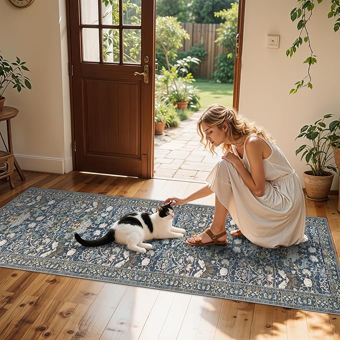 Washable 2x8 Hallway Runner Rug: Vintage Water-Resistant Kitchen Entryway Rug Ultra Soft Living Room Bedroom Carpet Non Slip Indoor Low Pile Floor Mat for Bathroom Dining Room(2x8,Floral/Blue)