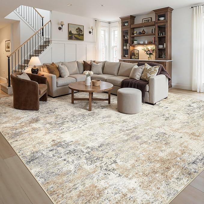 UERMEI 12x14 Area Rug Living Room Rugs - Washable Neutral Modern Abstract Soft Thin Large Rug Indoor Floor No Slip Rug Carpet for Bedroom Under Dining Table Home Office Decor - Golden Grey