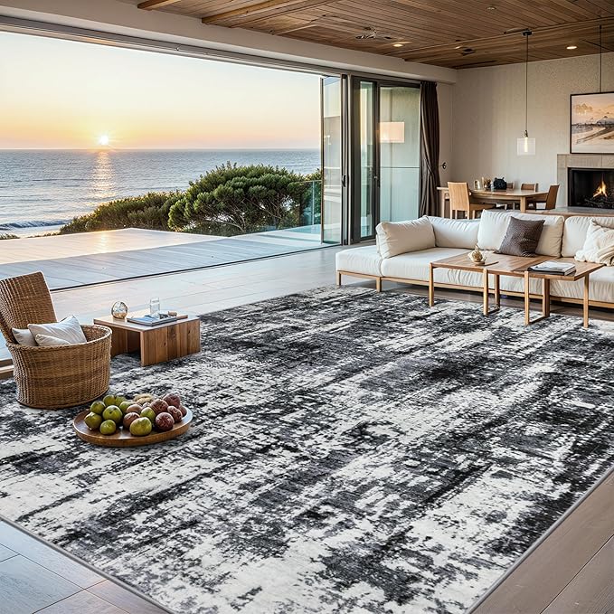 Area Rugs 10x14 Living Room - Washable Rug Modern Abstract Soft Large Neutral Non-Slip Carpet Indoor Floor Thin Carpets for Bedroom Dining Room Farmhouse Nursery Home Office Black