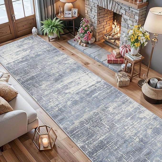 Washable Abstract 14ft Runner Rug: Non-Slip Low-Pile Rug Runner Soft Beside Carpet Indoor Farmhouse Entryway Floor Mat Bathroom Living Room Stain Resistant Area Rugs Cozy Home Decor(2'6x14,Blue/ivory)