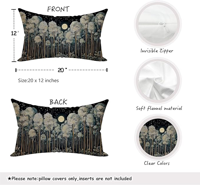 Rustic William Morris Inspired Night Forest Green Moon Pillow Covers 12x20 Double-Sided,Vintage Botanical Nature Landscape Decorative Throw Pillow Covers for Home Bedroom Living Room