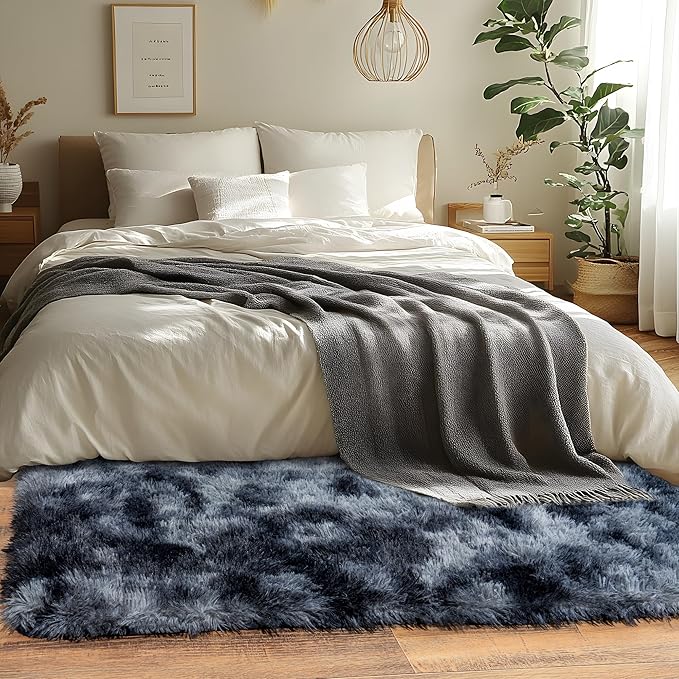 Runner Rugs for Bedroom, 2x6 Fluffy Throw Area Rug Non Slip for Bedside Dorm Hallways, Long Soft Shag Carpet for Nursery Living Room, Blue Grey