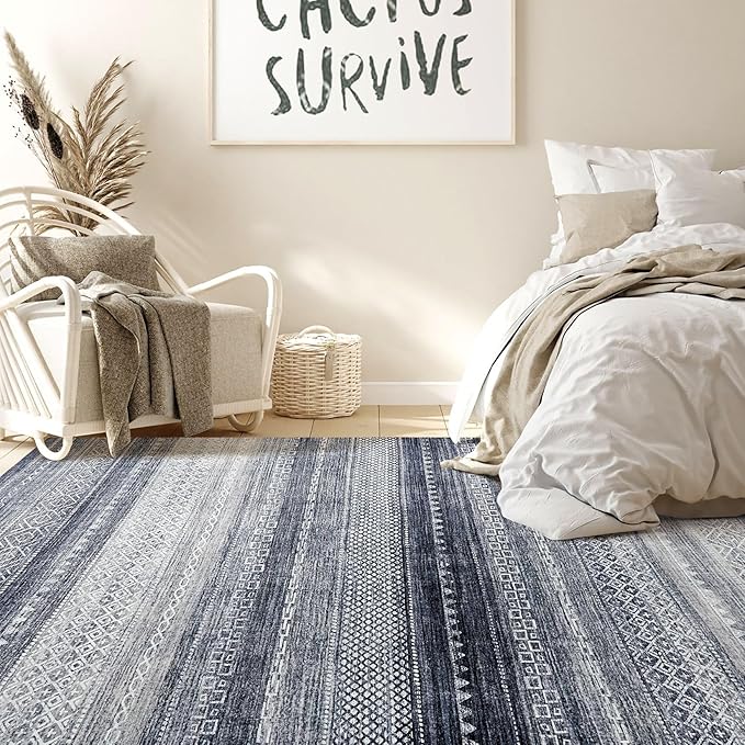 Nakagishi Area Rugs 9x12 Living Room Rug: Washable Boho Large Neutral Modern Soft Stain Resistant Indoor Floor Non-Slip Moroccan Accent Carpet for Bedroom Nursery Kid Playroom Office Dining Room- Blue