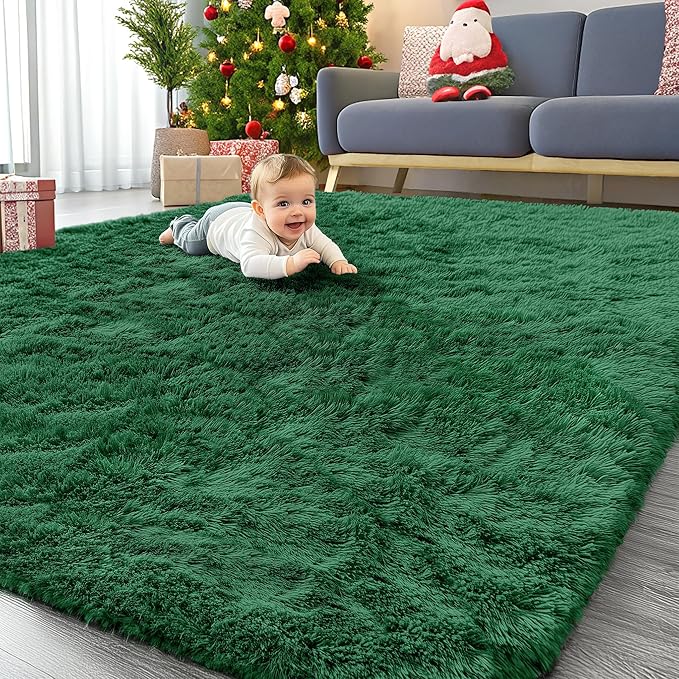 OLANLY 8x10 Machine Washable Large Area Rugs for Living Room, Bedroom, Soft Fluffy Shaggy Bedside Rug, Indoor Floor Carpet for Kids Girls and Boys, Dorms, Nursery, Home Decor Aesthetic, Dark Green