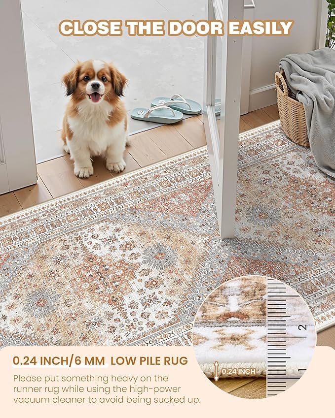 4x8 Rug for Bedroom,Wide Runner Rug for Hallway, Non Slip Washable Runner Rug for Living Room, Low Pile Soft Entryway Kitchen Rug, Vintage Home Decor Mat for Dining Room(Orange,4'x8')
