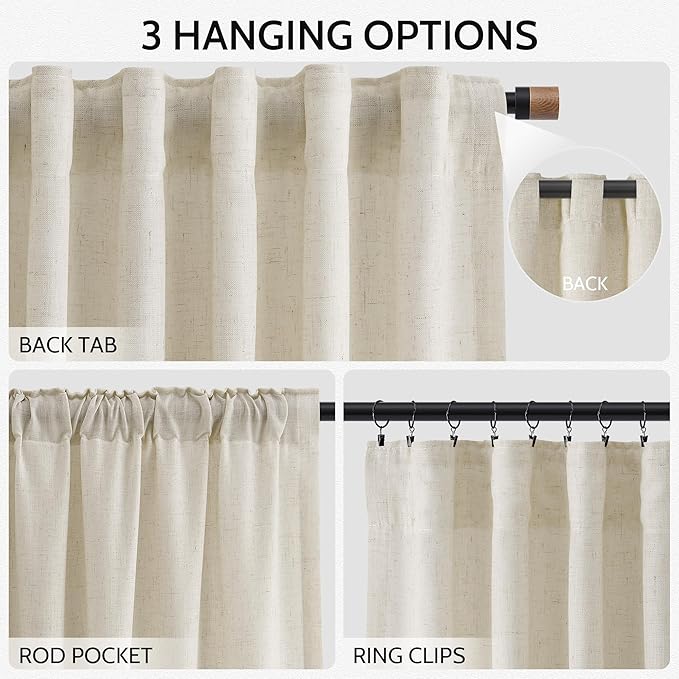 Nanspring Vanilla Linen Curtains 84 Inches Long for Living Room Light Filtering Semi Sheer Curtain Back Tab Modern Farmhouse Decor Elegant Luxury Coastal Drapes for Bedroom Office 52x84,2 Panels