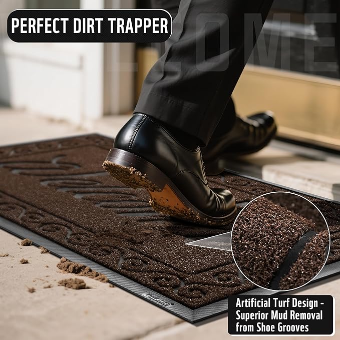 Yimobra Welcome Mat, Heavy Duty Sturdy Door Mats for Home Entrance Outdoor Indoor, Front Doormat for Outside Patio Floor Entry Porch Garage Office, Waterproof, Low Profile, 29.5x17, Coffee