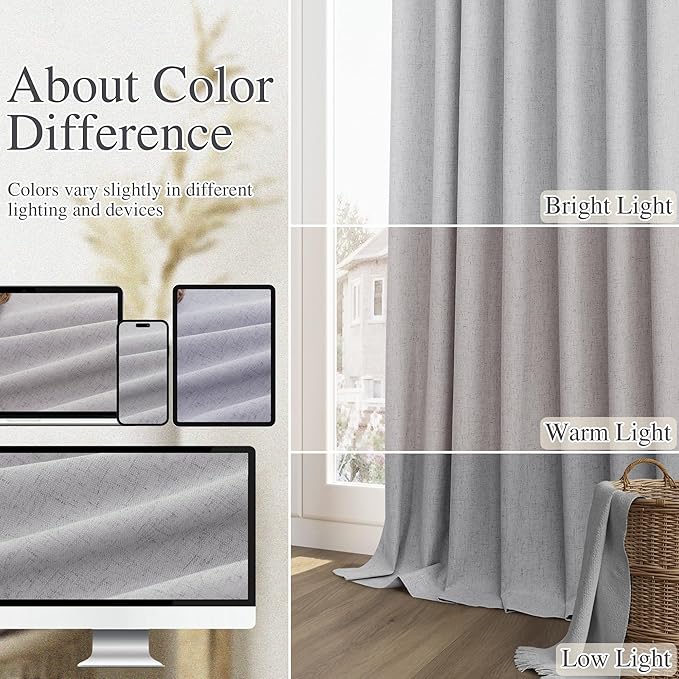 Guken Grey 100% Blackout Curtains 84 Inch Length 2 Panels Set for Living Room Bedroom Back Tab Thermal Insulated Black Out Linen Drapes Room Darkening Window Curtains 84 Inches Long