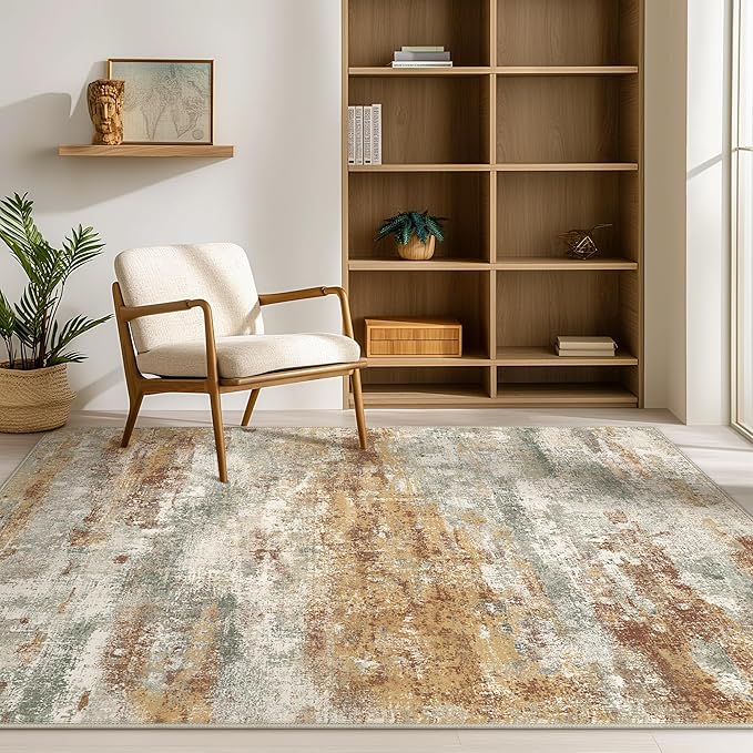 Area Rugs 5x8 for Living Room Bedroom, Modern Abstract Machine Washable Rug, Large Soft Low Pile Floor Carpet with Non Slip Backing for Dining Room, Orange Green