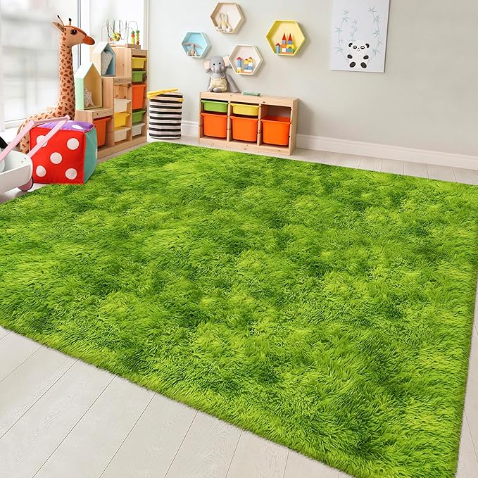 Green Tie-Dyed Rug for Living Room 8x10 Fluffy Area Rug Mat Bedside Throw Rug for Bedroom Kids Room Boys Teens Nursery Baby Dorm Office Home Decor Aesthetic Carpets
