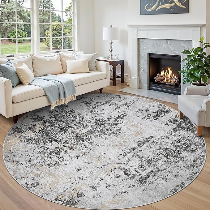 Round Rug 8ft Circle Rug Washable: Carpet Circular Area Rug for Entryway Kitchen Bedroom Dining Room Living Room Large 8 Feet Abstract College Dorm Non Slip Low Pile Black Grey Gold