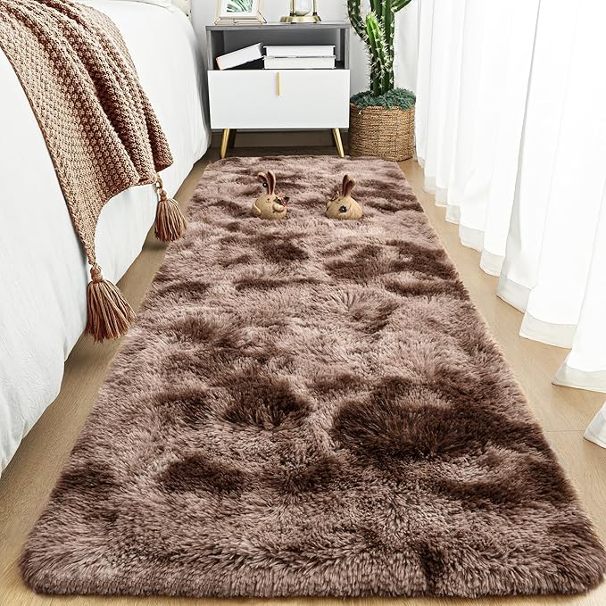 Tepook Fluffy Runner Rugs for Bedroom Aesthetic 2x6 Feet, Shag Soft Bedside Rug with Non-Slip Bottom, Fuzzy Plush Carpet for Room, Hallway Rug for Nursery Dorm Indoor Home Decor, Tie-Dyed Coffee