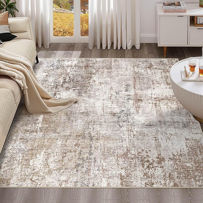 UERMEI Square Area Rugs : Washable 8x8 Neutral Modern Abstract Carpet for Living Room Bedroom - Soft Floor Mat with Non Slip Backing for Kitchen Nursery Dorms Farmhouse Home Decor - Brown/Grey/Red