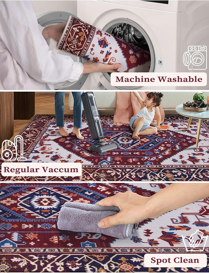 SERISSA Runner Rug for Hallways, 2'6"x12' Washable Non Slip Runner Rug, Extra Long Boho Rug Ultra Soft Vintage Burgundy Navy Print Floor Carpet for Bedroom Hallway Entryway Bathroom Laundry Room