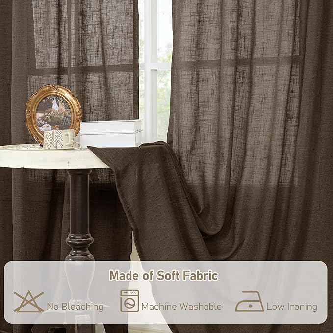 LAMIT Linen Curtains 68 Inch Length 2 Panels, Light Filtering Panels Back Tab and Rod Pocket Neutral Drapes for Bedroom/Window/Living Room, Dark Brown, 52 x 68 Inch