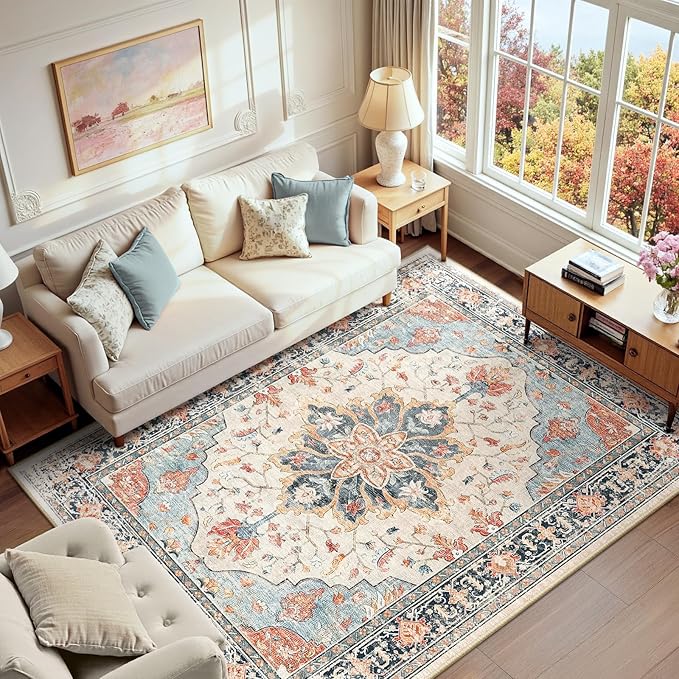RELEANY Area Rugs 6'x9' Washable Non-Slip, Floral Vintage Distress Print Pattern Medallion Carpet for Living Room Bedroom Dining Room, Beige Navy Blue Orange Colorful