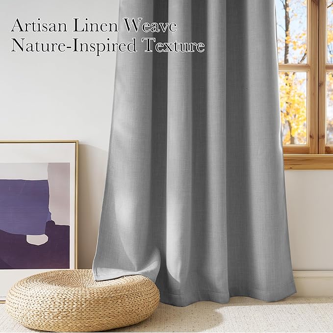 NICETOWN Short Faux Linen Light Grey Blackout Curtains 63 inches Long for Kitchen - Privacy Panels for Living Room Bedroom, Modern Farmhouse Style Easy Care Grommet Top, 2 Panels, W42 by L63