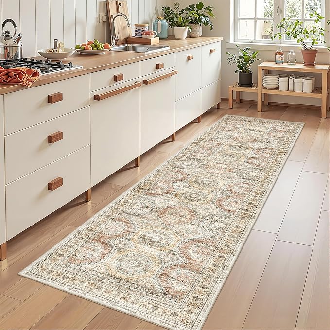 Rug Runners for Hallways Non Slip - 2x8 Runner Rug for Bedroom, Washable Runner with Rubber Backing, Soft Low-Pile Carpet for Kitchen, Laundry, Bathroom (2'x8', Brown/Pink)