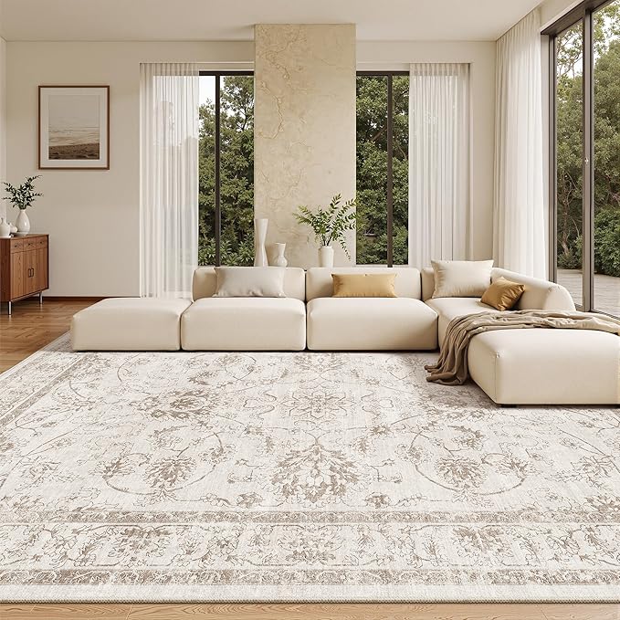 Madane Living Room 10x14 Area Rugs,Washable Low Pile Non-Slip Stain Resistant Extra Large Thin Rug, Vintage Soft Throw Carpet for Dining Room Bedroom Farmhouse Home Office Decor (10 x 14, Brown/Ivory)