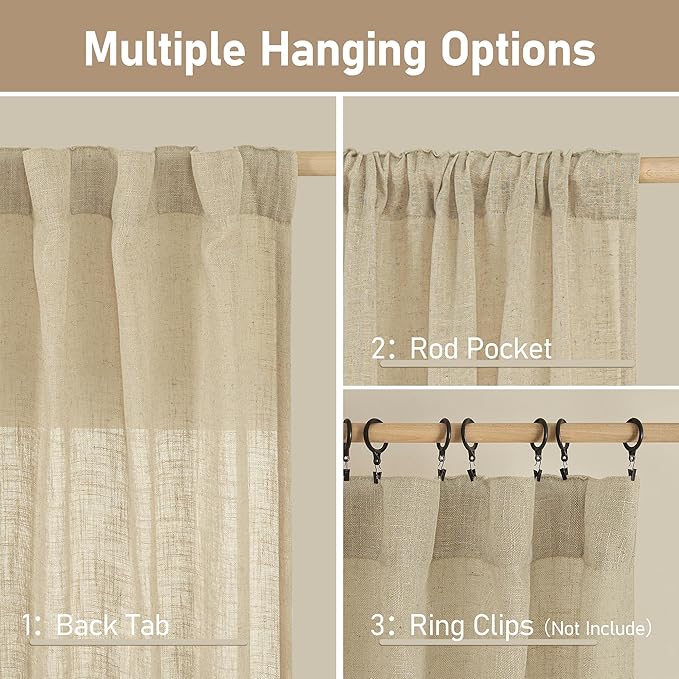 LAMIT Linen Curtains 84 inch Length for Living Room, Light Filtering Semi Sheer Panels Back Tab and Rod Pocket Neutral Drapes for Bedroom, Linen, 2 Panels, 34 x 84 Inch