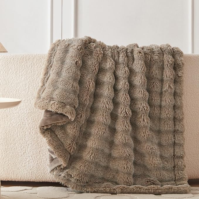 COOVA Faux Fur Throw Blanket for Couch, Cozy Soft and Fuzzy Plush Rabbit Fur Bubble Blanket for Sofa Bedroom Living Room, 60x80 Inches Cationic Brown