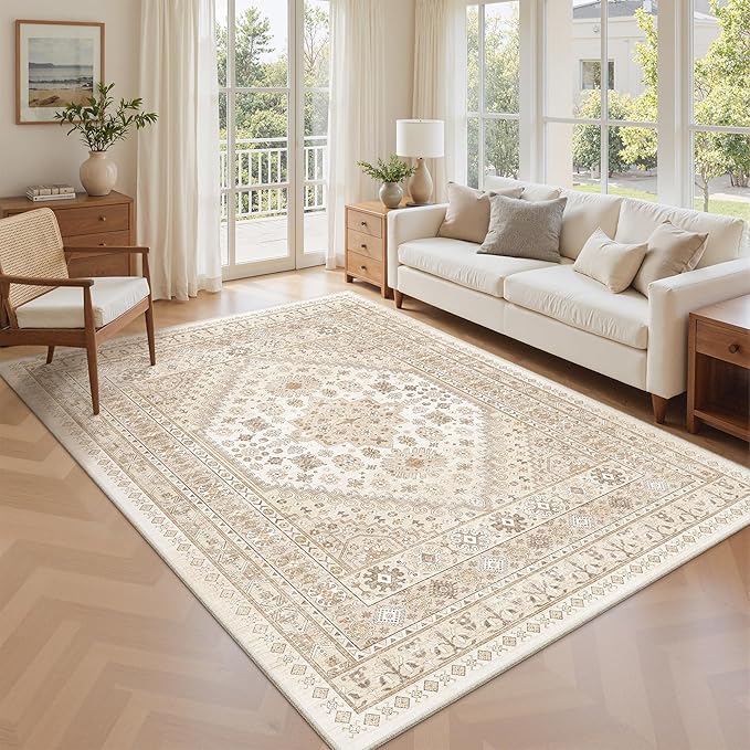 zesthome 5x8 Area Rugs - Ultra-Thin Washble Rug, Stain Resistant Anti Slip Backing Rugs for Living Room,Bedroom, Vintage Home Decor Area Rug(Cream/Beige,5'x8')