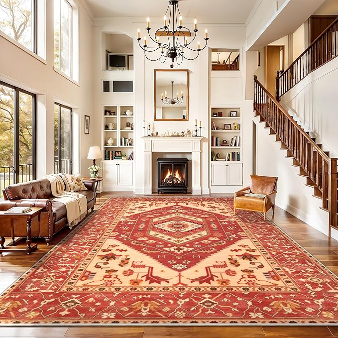 SERISSA 9x12 Area Rugs for Living Room, Large Washable Non-Slip Boho Rug, Ultra Soft Vintage Red Oriental Tribal Print Distressed Carpet for Dining Room Bedroom Dorm Office Home Decor