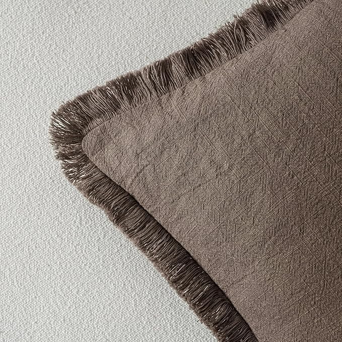 MIULEE Decorative Throw Pillow Covers Neutral Linen Fringe Throw Pillows Euro Shams Set of 2 Natural Coffee Boho Farmhouse Cushion Covers for Couch Sofa Bed Living Room Spring Home Decor 24x24 Inch