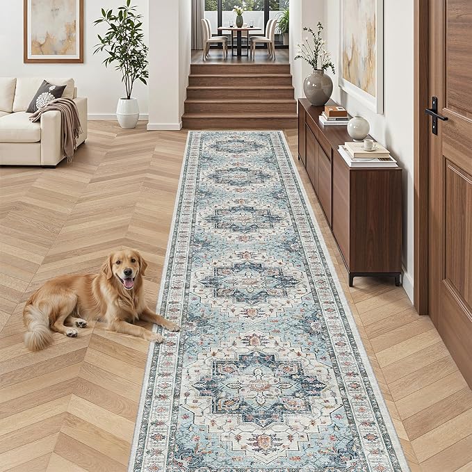 Madane Hallway Runner Rug 2'6''x14' Kitchen Runner, Non Slip Vintage Runners for Hallways Washable Kitchen Rugs Soft Low Pile 2.5x14 ft Rug Runner for Laundry Room, Entryway and Bedroom, Blue