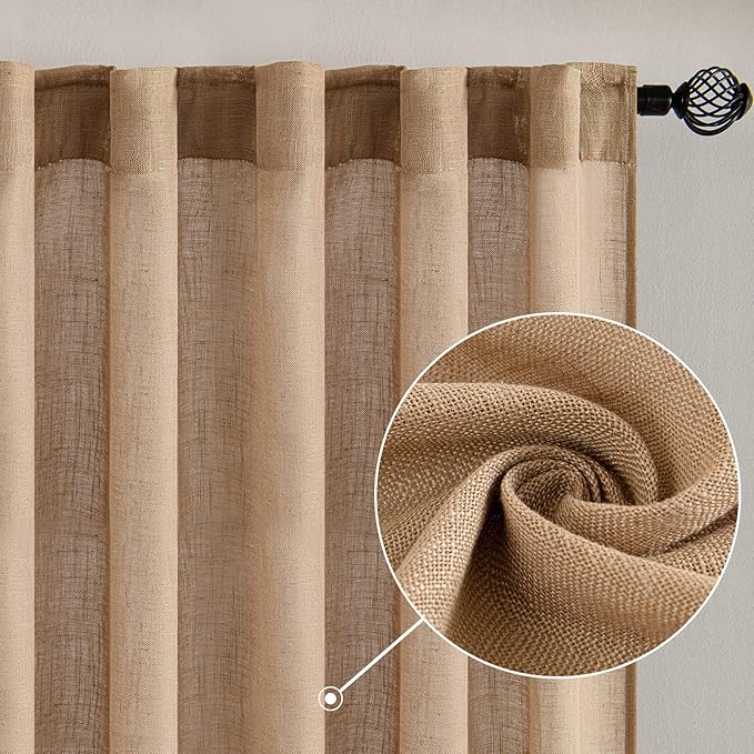 MIULEE Brown Linen Curtains 72 Inch Length 2 Panels for Bedroom Living Room, Soft Thick Linen Textured Window Drapes Semi Sheer Light Filtering Back Tab Rod Pocket Burlap Look Decor, W37xL72