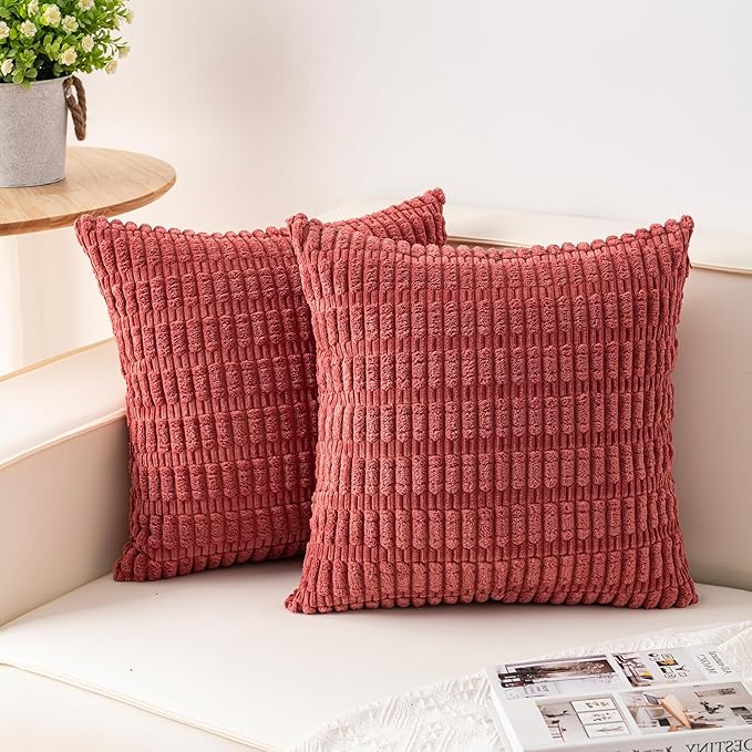 Pack of 2 Corduroy Decorative Throw Pillow Covers 22x22 Inch Soft Striped Pillow Covers Modern Farmhouse Home Decor for Sofa Living Room Couch Bed（Cranberry Red）