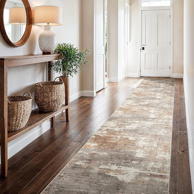2'6''x16' Washable Kitchen Runner Rug: Modern Abstract Runners for Hallway Soft Non Slip Rugs with Rubber Backing Low Pile Thin Floor Carpet for Entryway Bedroom Bathroom Indoor(Brown/Brick,2'6''x16')