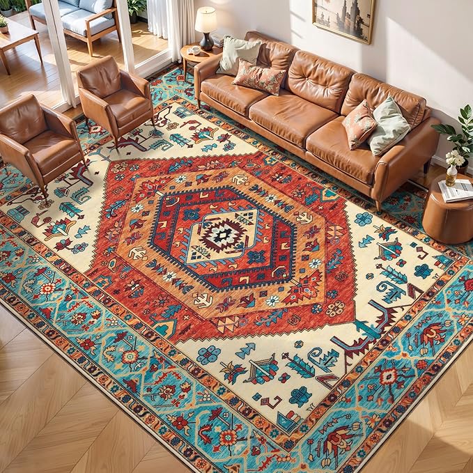 SERISSA 7x9 Area Rugs for Living Room, Large Washable Non-Slip Boho Rug, Ultra Soft Vintage Orange Oriental Tribal Print Distressed Carpet for Dining Room Bedroom Dorm Office Home Decor