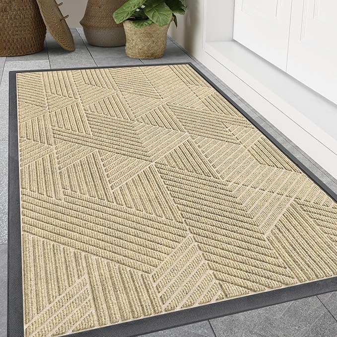 Smiry Front Door Mat Outside Entrance, Heavy Duty Sturdy Natural Rubber Doormat, Trap Dirt and Moisture, Easy Clean Low Profile Mats for Indoor Outdoor Entry, Irregular Triangle (47x32, Cream White)