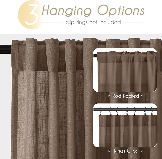 Chocolate Brown Linen Curtain 96 inch Length 2 Panels Set Back Tab Light Filtering Living Room Curtain Drapes Home Office Modern Minimalist Decor Farmhouse Boho Neutral Semi Sheer Curtain 96 inch Long