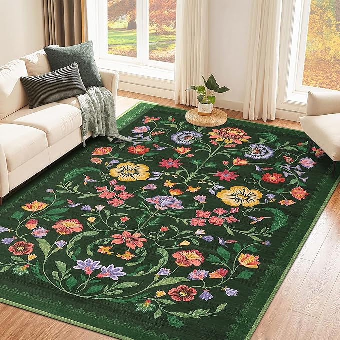 GarveeHome Washable Rug 3x5 Area Rugs for Living Room, Floral Rug for Bedroom, Soft Boho Non Slip Throw Rugs with Rubber Back, Low Pile Stain Resistant Vintage Floral Carpet for Dining Room, Green
