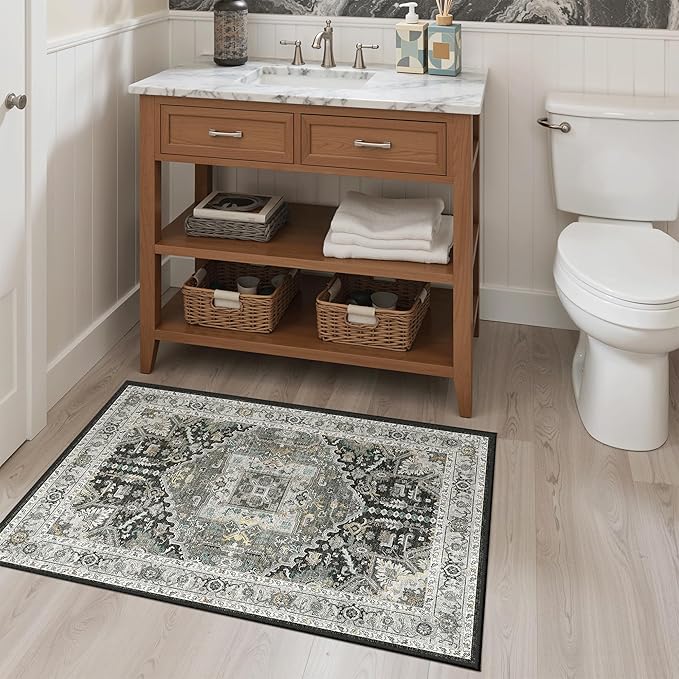 Madane Washable Area Rug 2x3, Small Entryway Rug Non-Slip Vintage Door Mat Indoor Entrance, Low Pile Floor Carpet for Inside Front Door Kitchen Entry (2'x3', Grey Green/Black Olive)