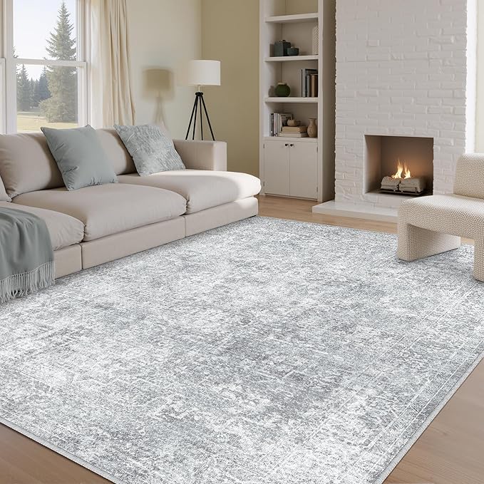PureCozy 9x12 Area Rug Washable Vintage Living Room Carpet Large Indoor Non Slip Grey Bedroom Distressed Low Pile Retro Accent Throw Rug for Dining Room