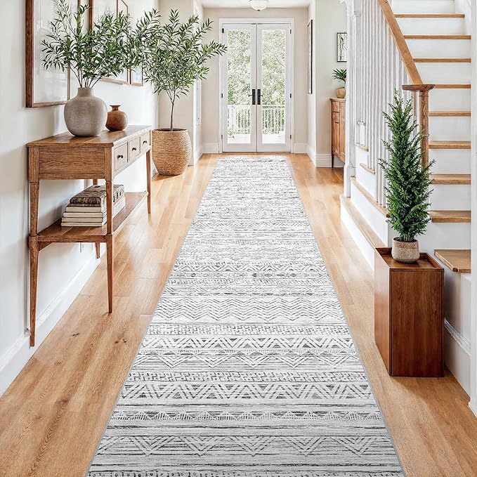 3x15 Washable Kitchen Runner Rug: Modern Moroccan Runners for Hallway Soft Non Slip Rugs with Rubber Backing Low Pile Thin Waterproof Floor Carpet for Entryway Bedroom Bathroom Indoor 3x15 Grey