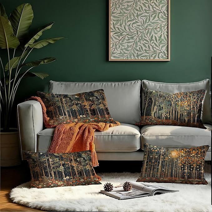 Rustic William Morris Inspired Forest Moon Pillow Covers 12x20 Set of 4,Vintage Botanical Nature Landscape Decorative Throw Pillow Covers for Home Bedroom Living Room,Fall Home Room Decor