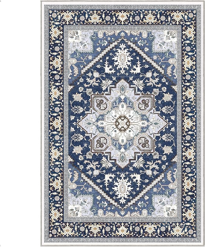 OPPODREAM Soft 6x9 Area Rugs, Washable Rug 6x9 with Non Slip Backing, Faux Cashmere Low-Pile 6 x 9 Carpet, Navy Blue & Gold
