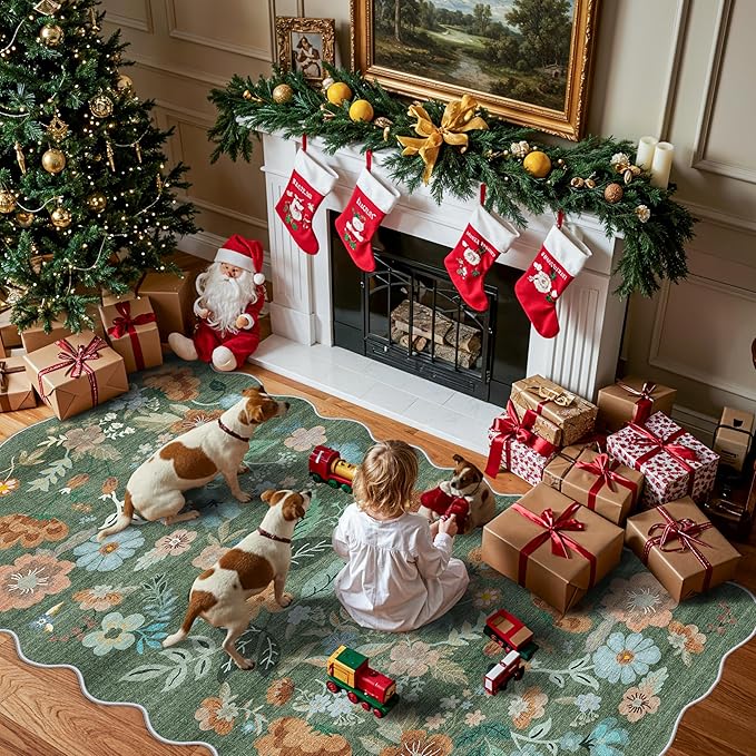 4x8 Washable Area Rug for Family: Stain Resistant Wide Floral Scalloped Kitchen Rug Soft Carpet for Entryway Bathroom Bedroom Farmhouse Living Room Floor Mat with Non Slip Backing(4x8, Floral/Green)