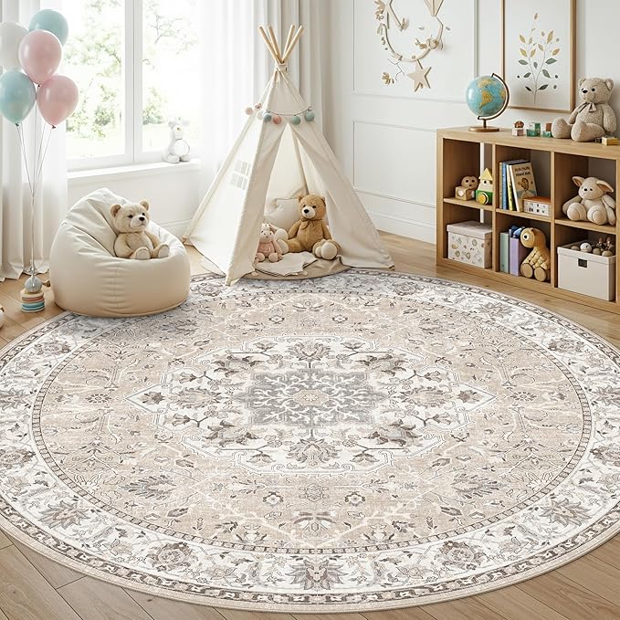 Washable 8ft Round Area Rug - Living Room Oriental Non Slip Soft Rugs Indoor Low Pile Stain Resistant Carpet for Bedroom Dining Room Farmhouse Distressed Thin Home Decor Floor Mat(8Round,Beige)