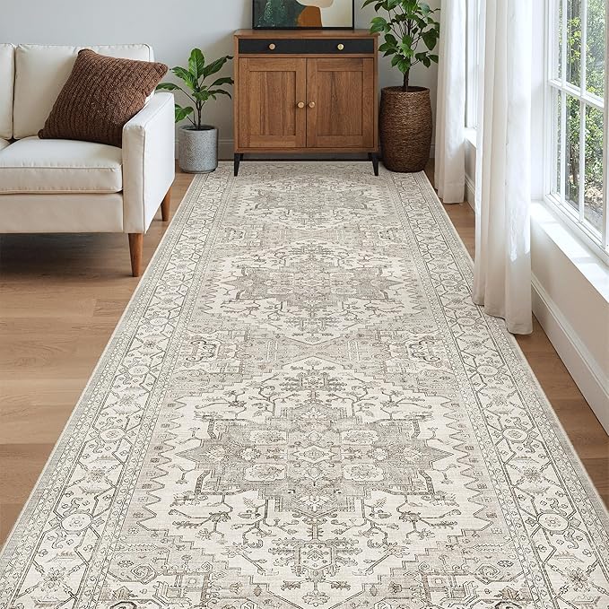 Madane 4x12 Wide Hallway Runners: Washable 12ft Runner Rug for Entryway Living Room Soft Vintage Non Slip Carpet Runner for Kitchen Dining Room Nursery Bedroom Thin Area Rug (Beige/Brown, 4x12ft)